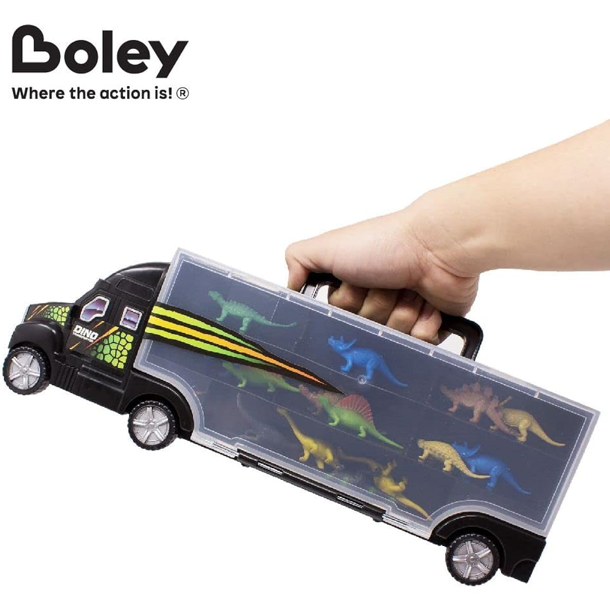(Dino Trailer) - Boley 41cm Dinosaur Transport Truck Carrier 14 Piece - Mini Dino Figures with Semi Truck Trailer Toy - Loadable Miniature Dinosaurs with Portable Truck and Collapsible Easy to Hold Handle