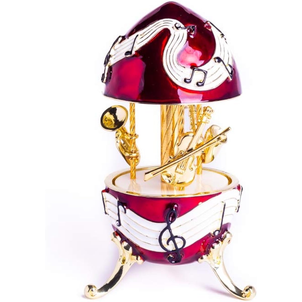 Keren Kopal Red Music Carousel with Instruments Wind-Up Music Box Spinning Violin Saxophone Trumpet Fabergé Style Unique Handmade Gift Idea