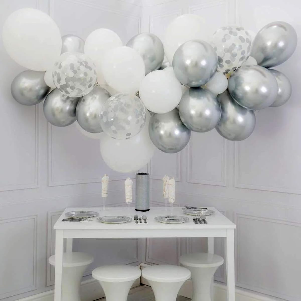 Balloon Garland Arch Kit 16ft Long White & Gold Latex Balloon Pack for Baby Shower Weeding Birthday Bachelorette Party Backdrop Decoration (Silver)