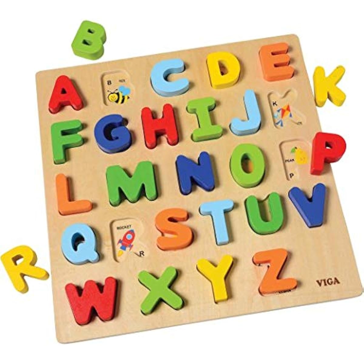 Constructive Playthings Wooden Uppercase and Lowercase Alphabet Block Puzzle, 1 1/2" Tall ABC Blocks, Ages 18 Months and Up