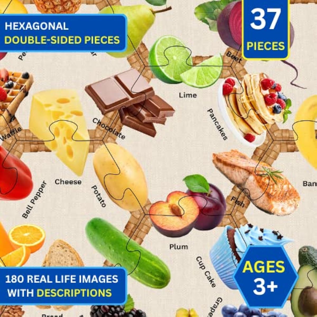 Educational Double-Sided Floor Puzzle for Kids Ages 3-5 and 4-8, Unique Hexagon Shapes, Realistic Images and Words, Fun Preschool Learning Activity, 180 Foods and Objects (37 Pieces, 26"x29")