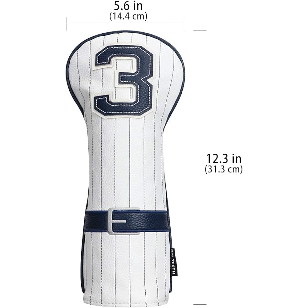 Big Teeth Golf Club Head Cover Wood Cover for Driver Fairway Wood Hybrid Set 135U with Number Tag Baseball Uniform Style Embroidery Series Synthetic Leather White Blue