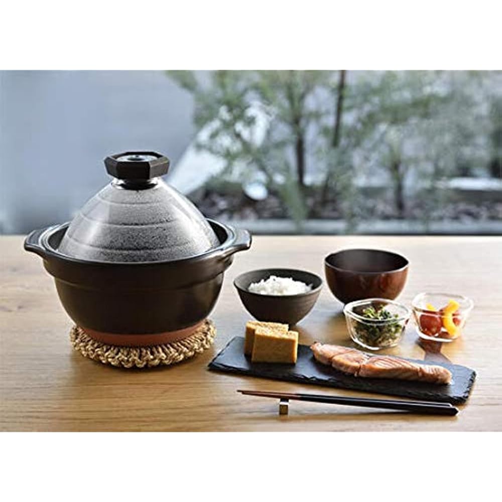 Rice pot with glass lid for 2-3 servings, earthenware pot, for open fire, no IH, width 270 x depth 230 x height 210 mm