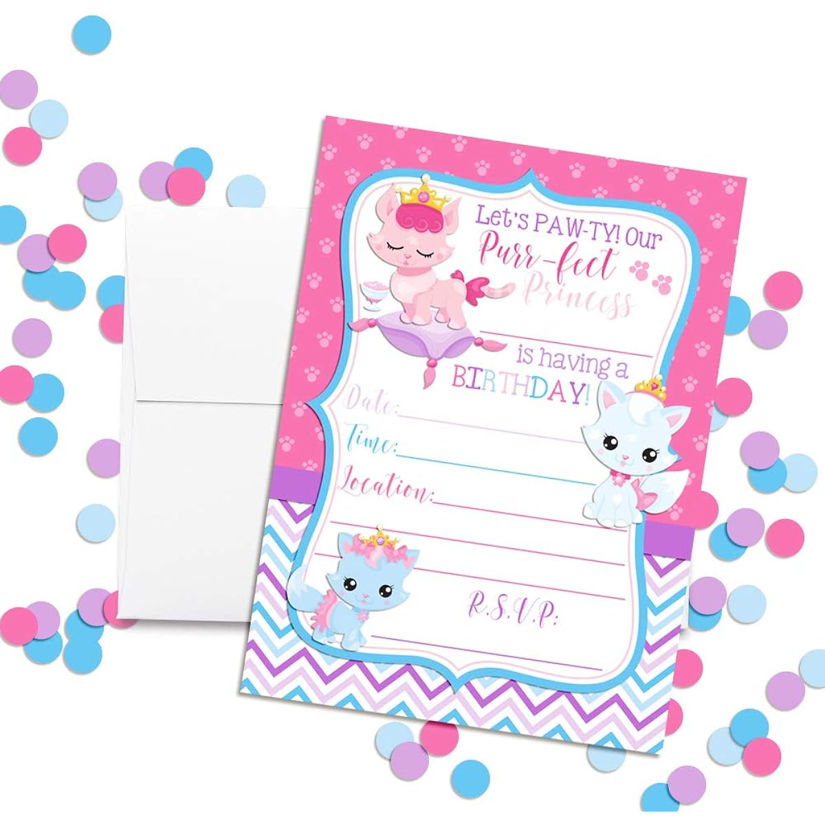 AmandaCreation Princess Kitten Birthday Party Invitations for Girls 5 x 7 Inch Stuffed Cards Includes 20 White Envelopes
