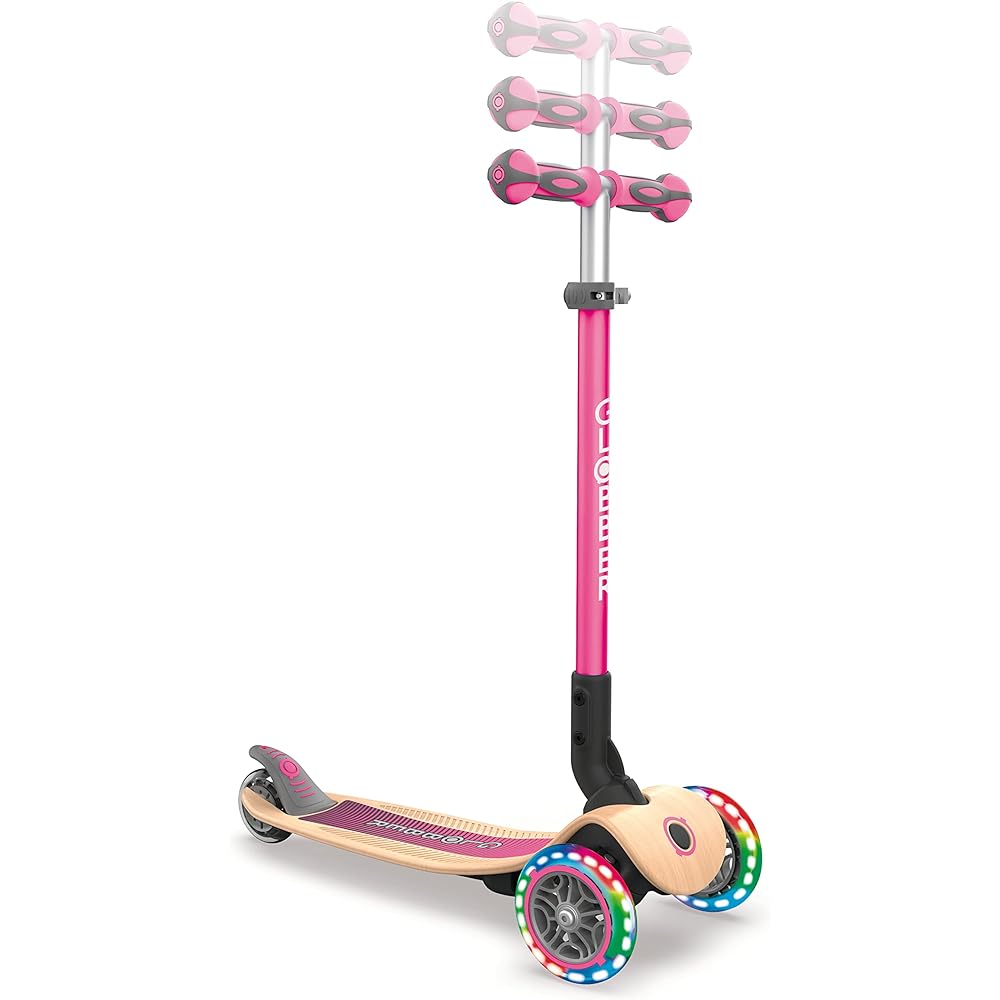 GLOBBER Kickboard Flash Glowing 3 Wheel Wood Deck Foot Brake Outdoor Play Children Vehicle Kick Scooter Primo/Foldable/Wood/Light Navy Pink WLGB436110