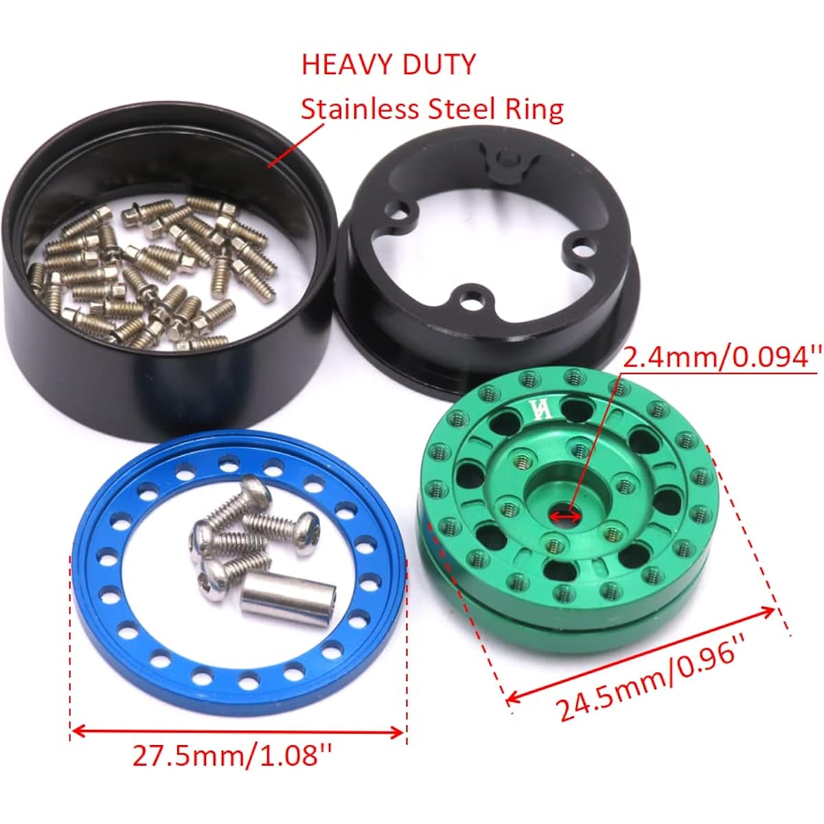 HOBBYSOUL 1/24 Wheel Weight 22g/Wheel 1.0 Beadlock Wheels Green Blue Rim for Axial SCX24 90081 AXI0001 and Other 1/24 RC Crawler Car Truck (Pack of 5)
