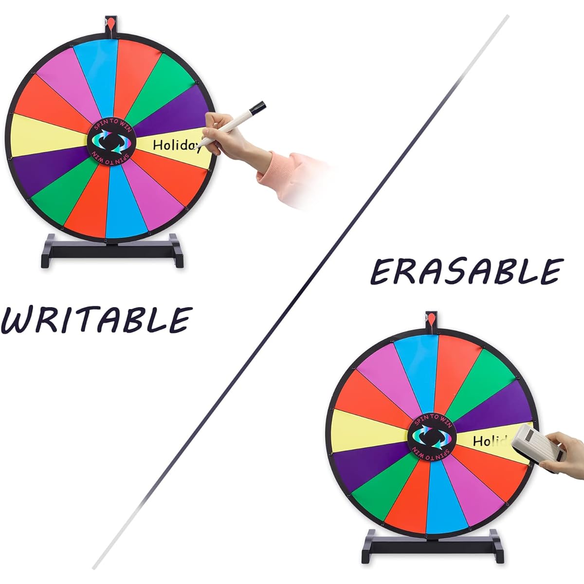 iElyiEsy 24" Prize Wheel of Fortune 14 Slots Rotating Wheel for Prizes with Stand, Whiteboard Eraser and Marker Pens for Trade Show Carnival Party Pub