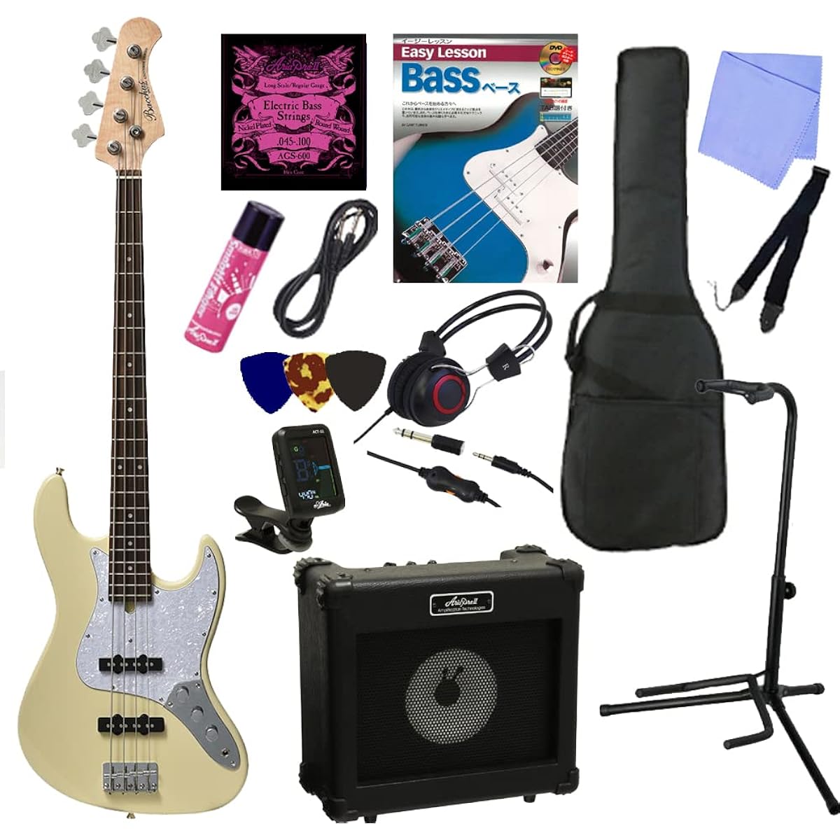 A 13-piece introductory set for a higher-grade electric bass | Bacchus/WJB-360R OWH Bacchus/Jazz bass, Pearl pickguard specification, Aria amp included, perfect set (OWH/Olympic White)