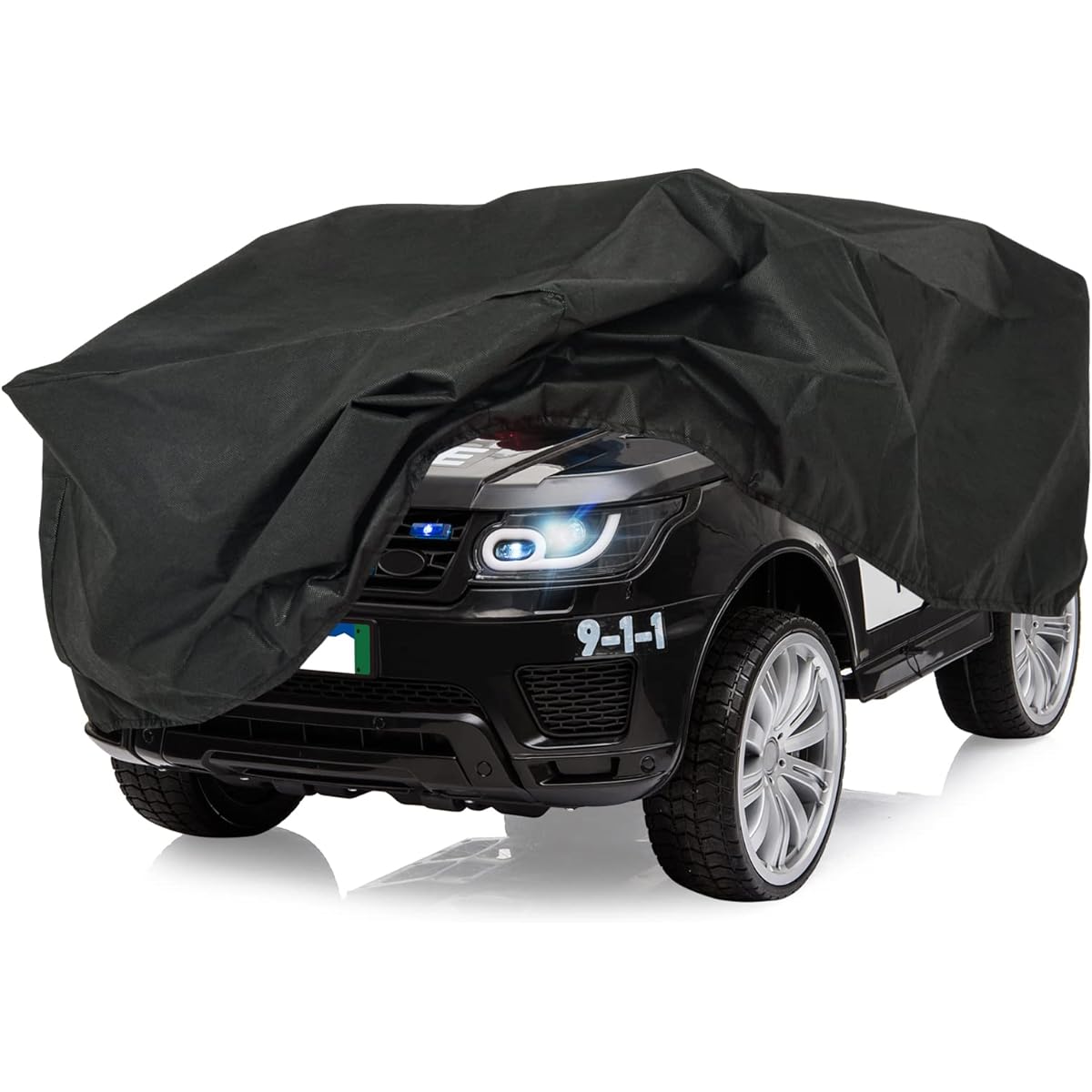 JOINATRE 12V Kids Police Car with Car Cover Battery Operated Electric Police Car with Remote Control Intercom Siren Flashing Light Horn Music Suspension Boys Girls Black