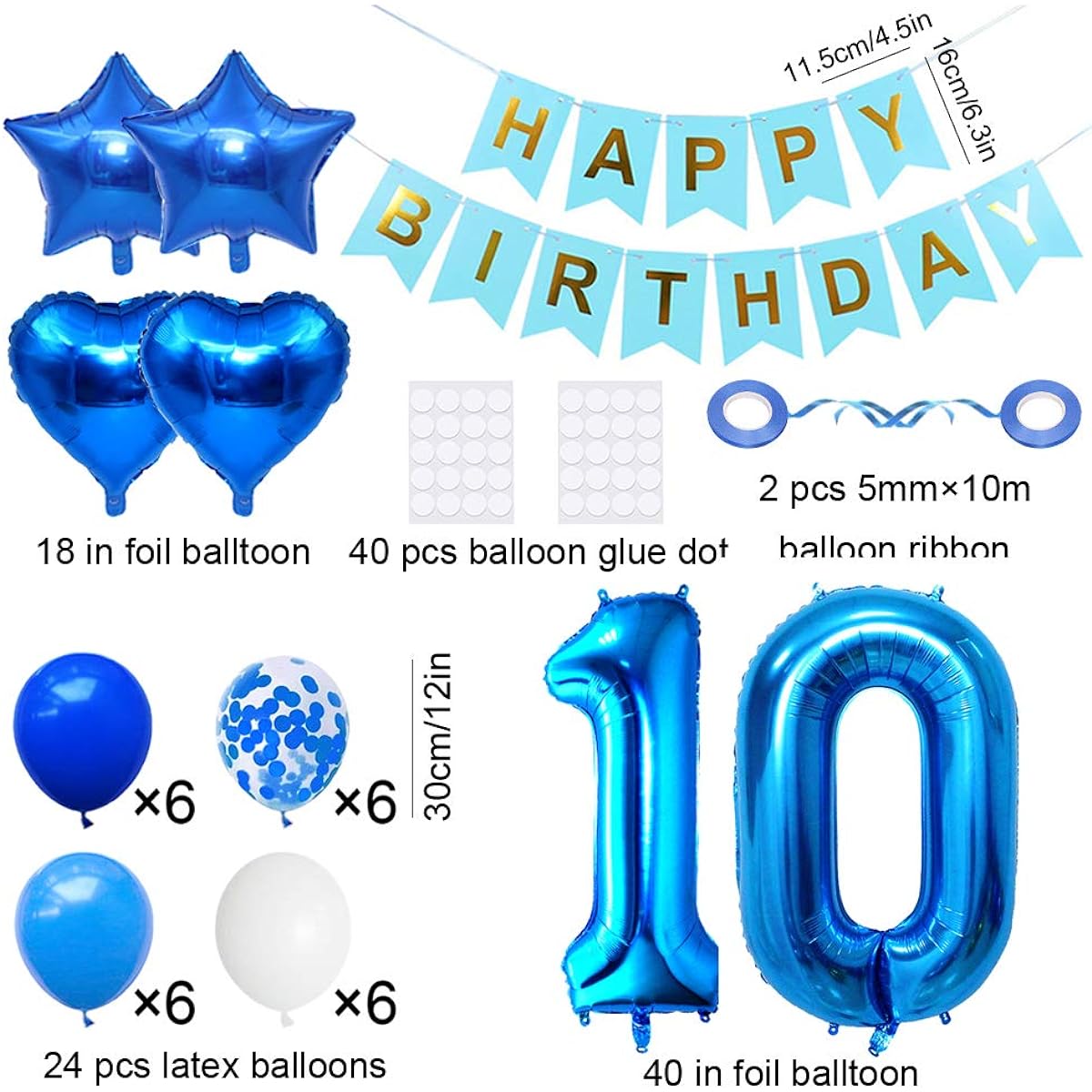 Huture 10 Birthday Party Supplies Blue Number 10 Foil Balloon Happy Birthday Banner Kit 10th Birthday Decorations White Blue Latex Confetti Balloons Foil Star Balloons Best Gift for Girls/Boys Birthday