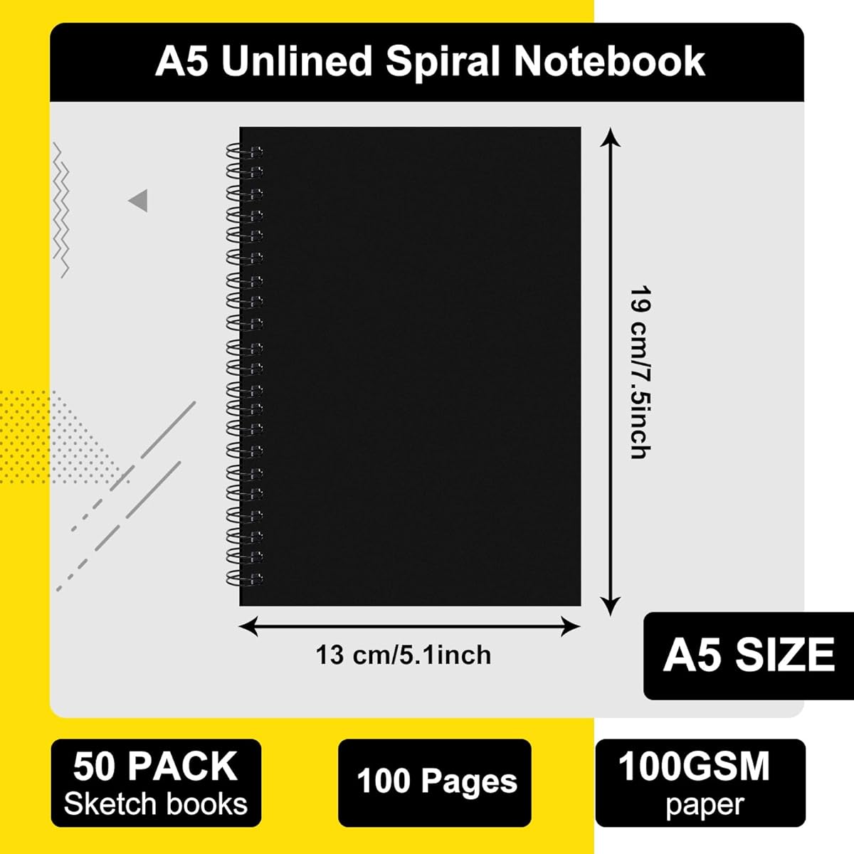Fulmoon 50 Sheets Black Sketchbook Blank Spiral Notebook Soft Cover Sketch Book for Drawing Unlined Sketch Pad Sketch Diary for Art School Student Office Supplies 100 Pages/50 Sheets 7.5" x 5.1"