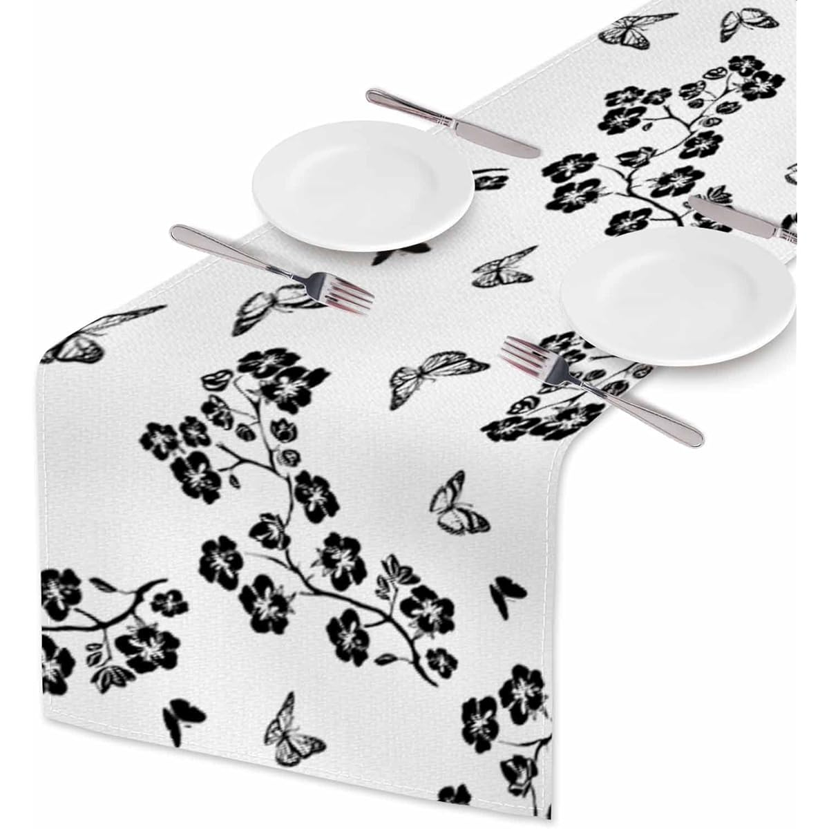 HOSNYE Table Runner Black Twig Cherry Blossom Butterfly Silhouette Cotton Linen Table Runner Decor for Kitchen Family Dinner Table Holiday Party Farmhouse Style 13 x 72 inches