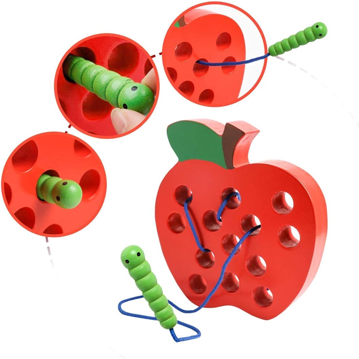 Wooden Shoelace Apple Toy Wooden Block Puzzle Travel Game Early Learning Motor Skills Educational Gift for 1 2 3 Year Old Toddler Baby Kids