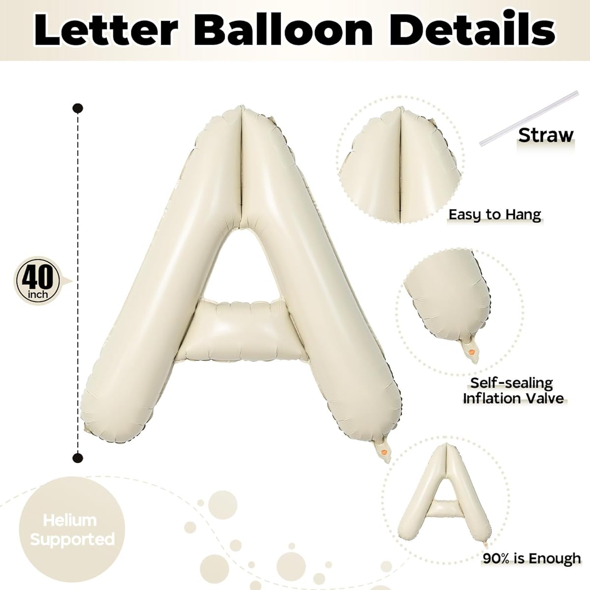 Cream A Letter Balloons 40 Inch Alphabet Foil Name Balloons Large Self Inflating Balloons Letter A White Sand Helium A-Z Custom Letter Balloons for Men Birthday Party Anniversary Decorations Supplies