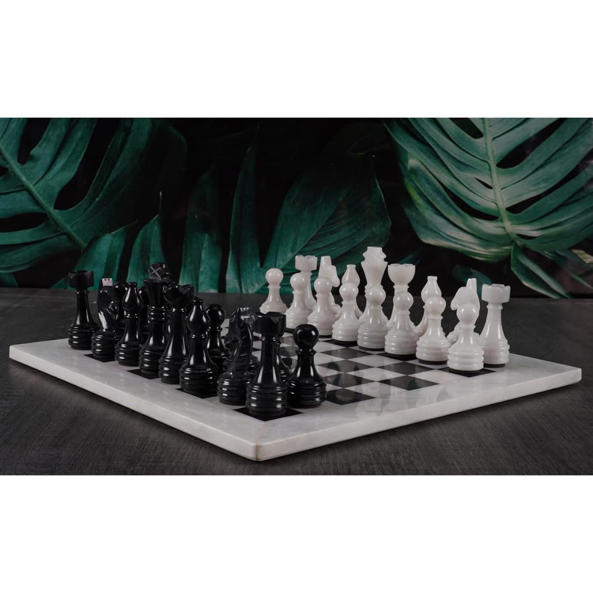 12" Fossil & Black Marble Stone Chess Set Comes in Velvet Gift Box. Size Suitable for Pros