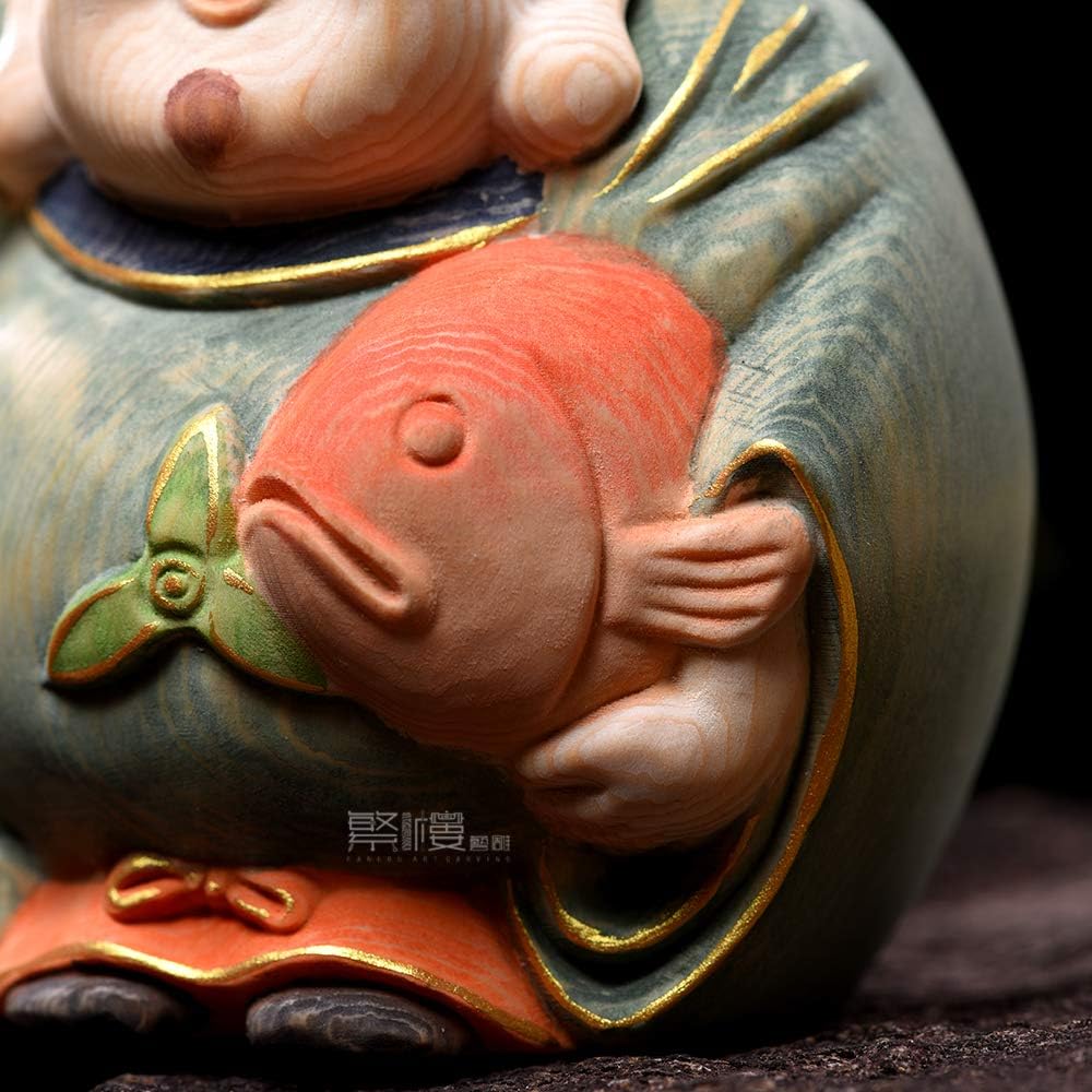 Hanro Art Sculpture, Ebisu, Good Luck, Good Luck, Seven Lucky Gods, Wooden Cypress, Good Health, Good Fortune, Good Luck, Warmth from Misfortune, Prosperous Business, Big Catch, Good Harvest (Height 10cm x Width 8cm x Depth 9cm) (Light Painting)