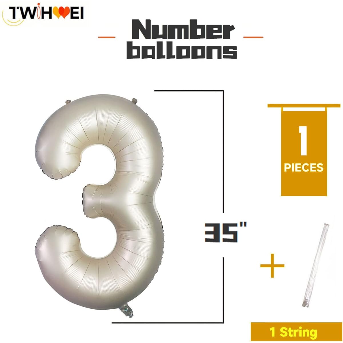 Number 3 Balloon White Sand Three Balloons 3rd Birthday Decoration 40 Inch Cream White Large Number 3rd Birthday Party Nude Balloon Beige 3 Digital Neutral Balloon Pearl White 3