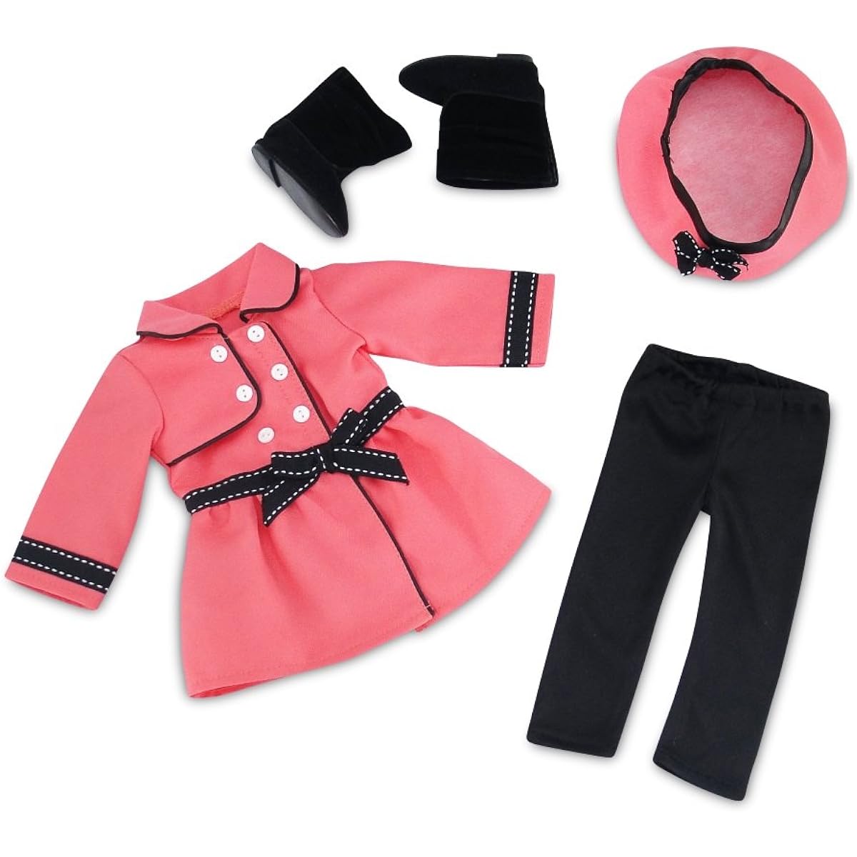 18 Inch Doll Clothes | Lovely Coral and Black Traveling Coat Outfit, Includes Leggings, Hat and Boots | Fits American
