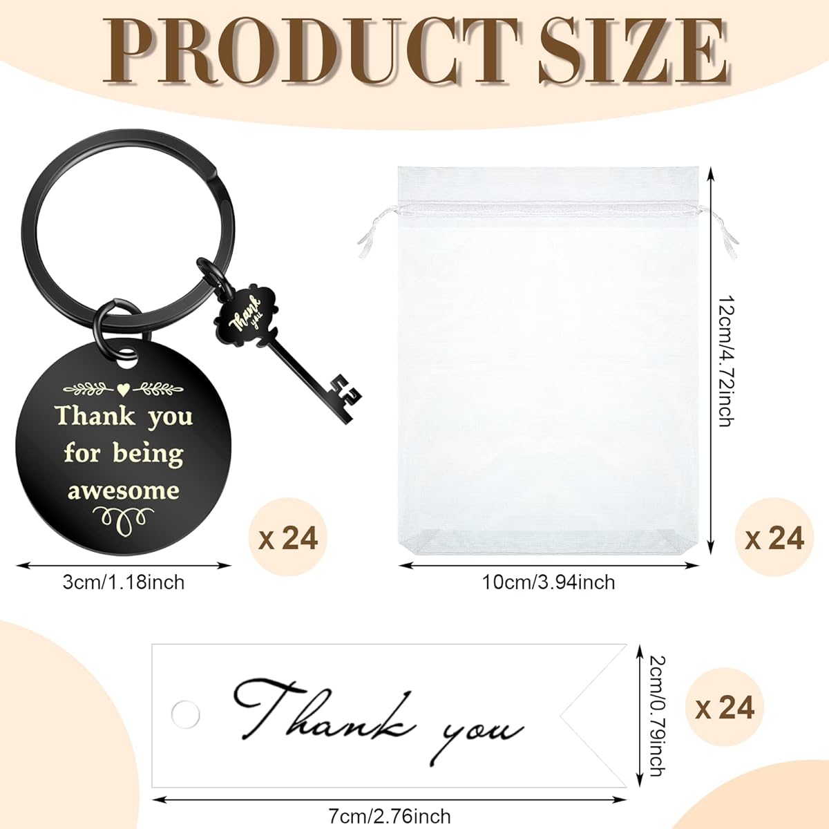 48 Employee Thank You Gift Set - 48 Gratitude Keychains, 48 Organza Bags, 48 Thank You Cards for Employees Coworkers (Black)
