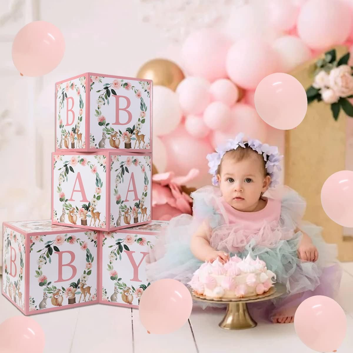Woodland Baby Shower Box 1st Birthday Party Decorations Pink Floral Theme Girl's Party Balloon Box Jungle Welcome Baby Decorations Woodland Animal Theme Box for Spring Party