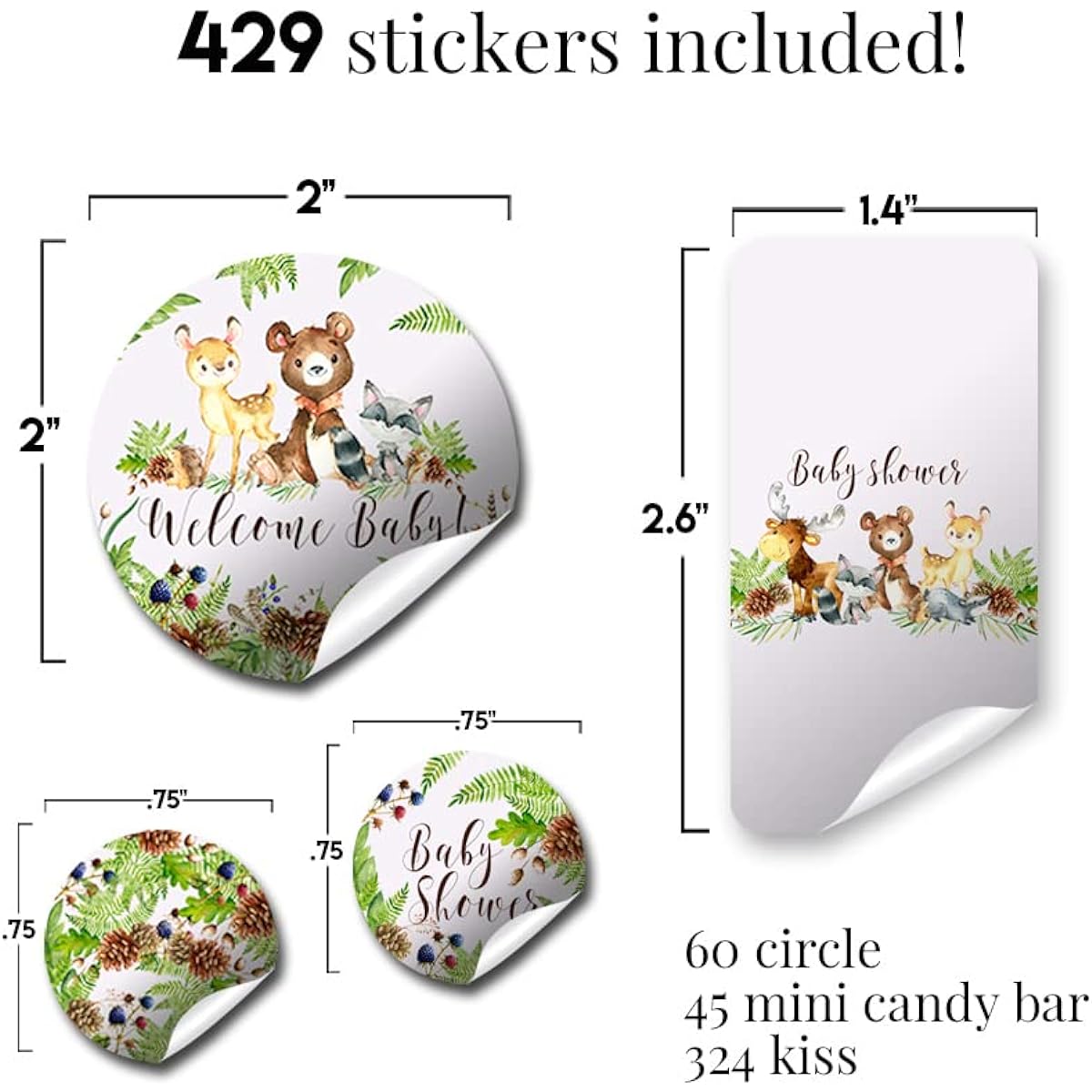 Amanda Creation Watercolor Woodland Forest Animals Baby Shower Sticker Bundle Kit - 429 Pieces!!! Includes 60 2" Circle Stickers, Favor & Goodie Bags, 45 Mini Candy Bar Wrappers & 324 Round Candy Kiss Stickers