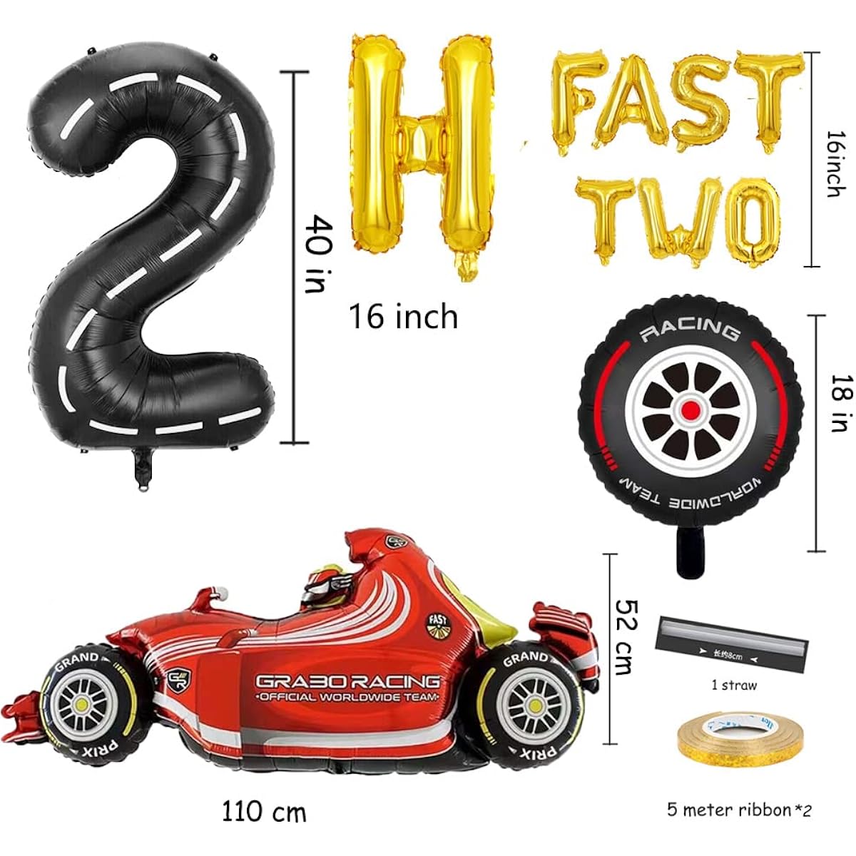 KUNGOON 2 Fast Birthday Banner Balloons, Race Car 2nd Birthday Background Banner Balloons, Gold 2nd Birthday Party Decorations and Supplies Sign.