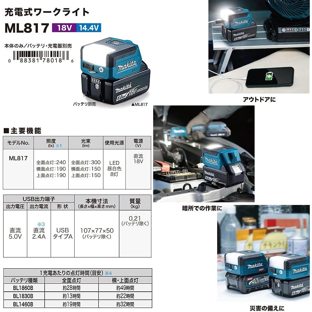 Makita 18V 14.4V Rechargeable Work Light ML817 Battery and Charger Sold Separately (Shiba Sho Accessory Bag Service Included)