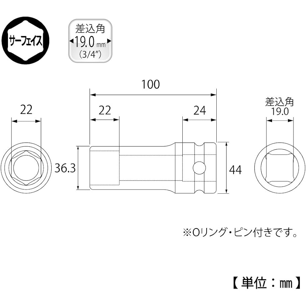 Top (TOP) Deep socket for impact, Width across flats 46 mm, Total length 100 mm, Hexagonal specification, Drive angle 6 arcminutes, PT-646L Tsubame-Sanjo, Made in Japan