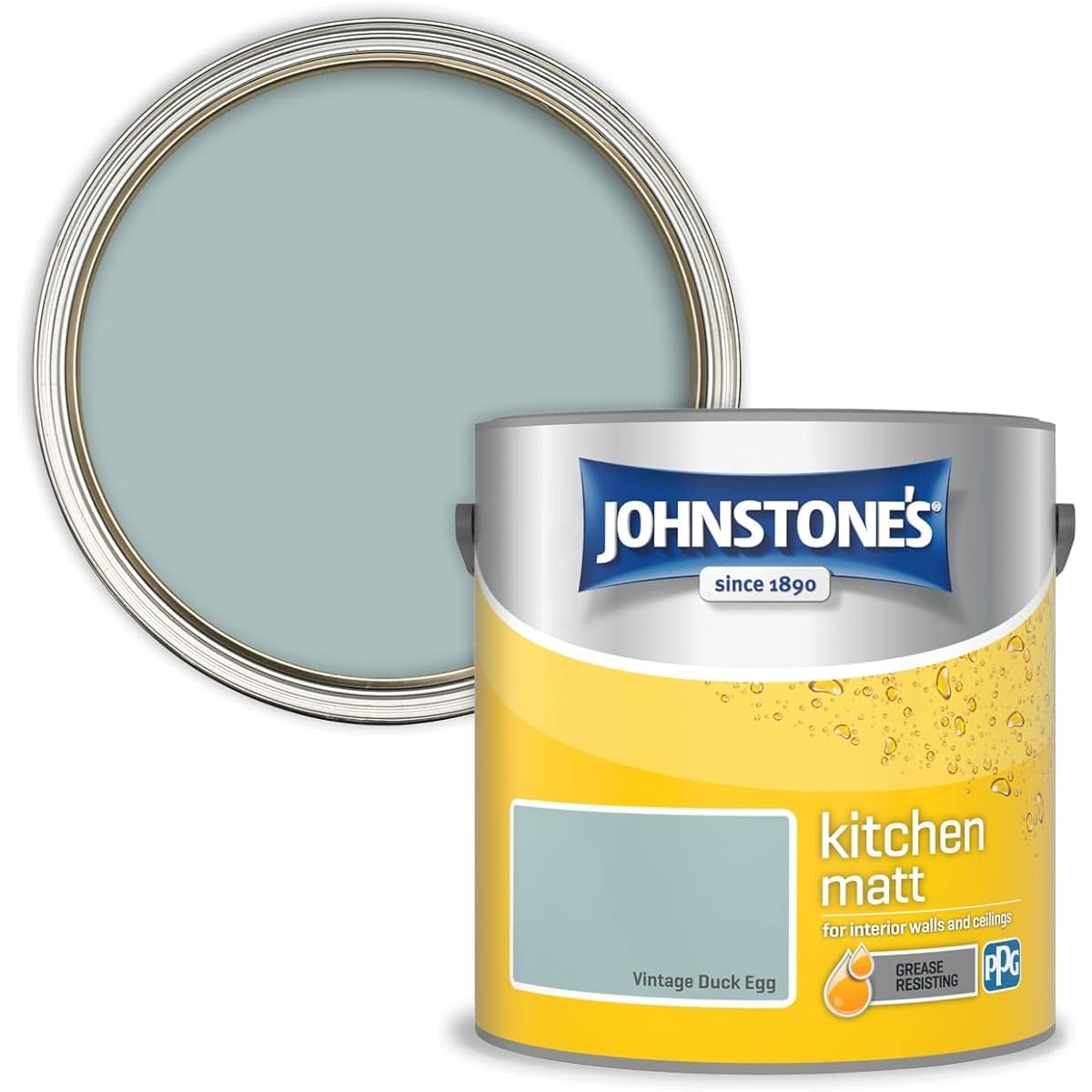 Johnstone's - Kitchen Paint - Vintage Duck Egg - Matt Finish - Grease & Stain Resistant - Suitable for Kitchen Walls & Ceilings - Highly Durable - Low Odour - 12m2 Coverage per Litre - 2.5L