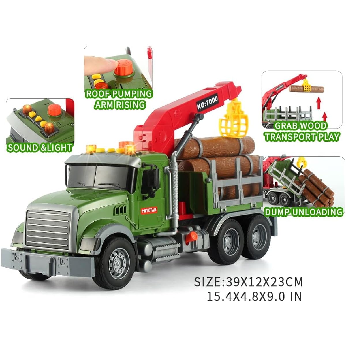 ANJARU 15" Timber Transport Truck Toy Logging Truck with Lights & Sounds Construction Truck Boys Toys Ages 3+ Transport Trailer Carrier Log Truck Kids Toys