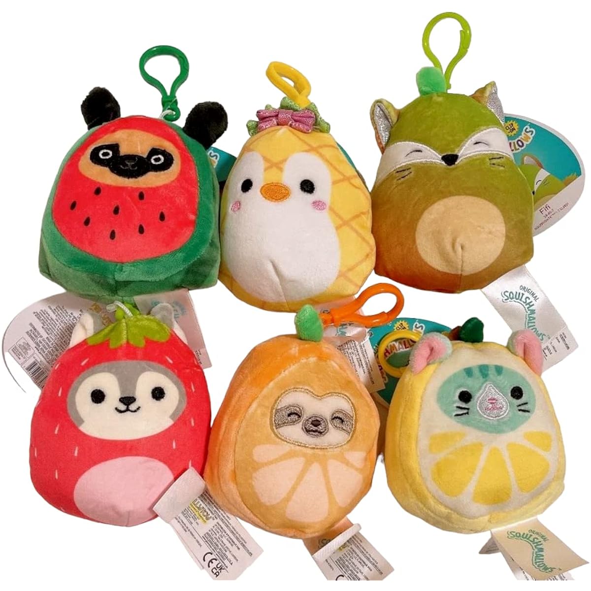 Squishmallow 6-Piece Fruit Animal Squad 3.5" Clip-On Keychain Mini Plush