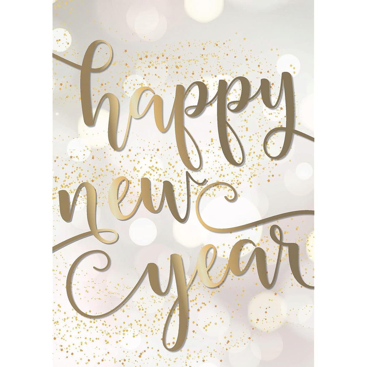 New Year Greeting Cards - N1902 Greeting Cards with Happy New Year Messages on Bubble Golden Background Box set includes 25 greeting cards and 26 white with gold foil lined envelopes.