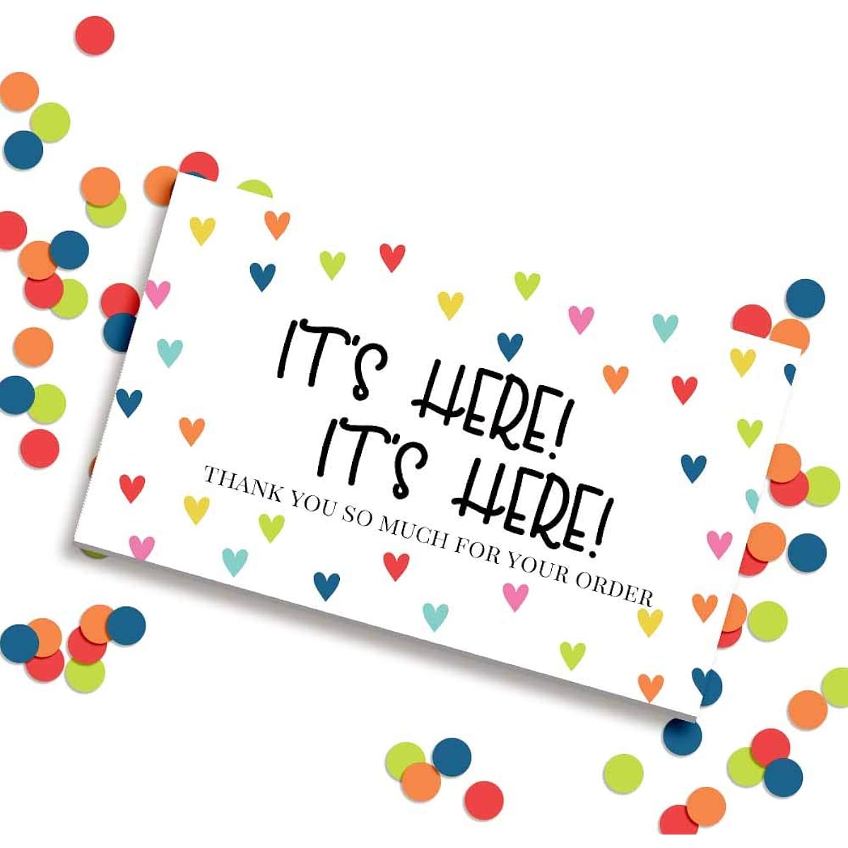 It's Here! It's Here! It's Here! Rainbow Heart Thank You Customer Appreciation Package Inserts for Small Businesses, 100 2" x 3.5" Single Sided Insert Cards by AmandaCreation