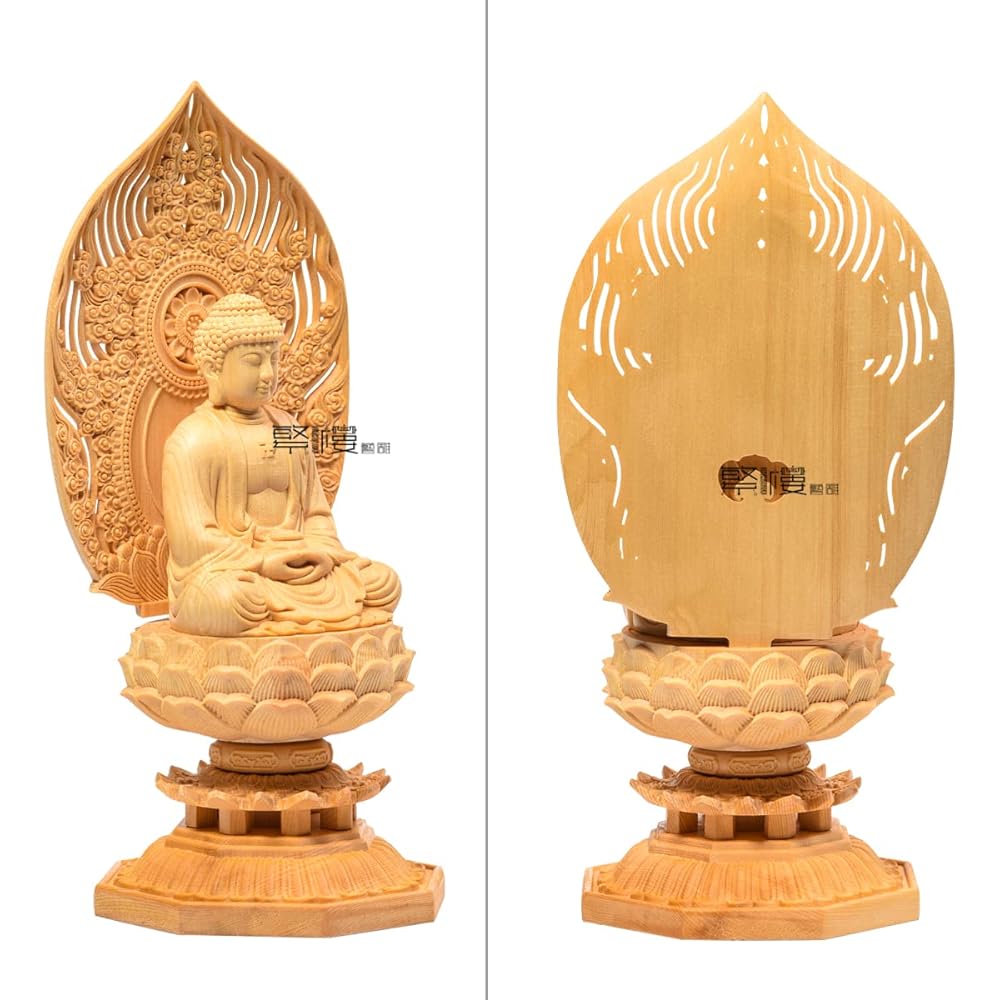 Hanro Art Sculpture Buddha Statue Shaka Nyorai Soto Zen Rinzai Buddhist Altar Buddha Statue Wood Carving Cypress Wooden Prayer Amulet Shonun Halo Octagonal Base (Height 28cm x Width 12cm x Depth 12cm)