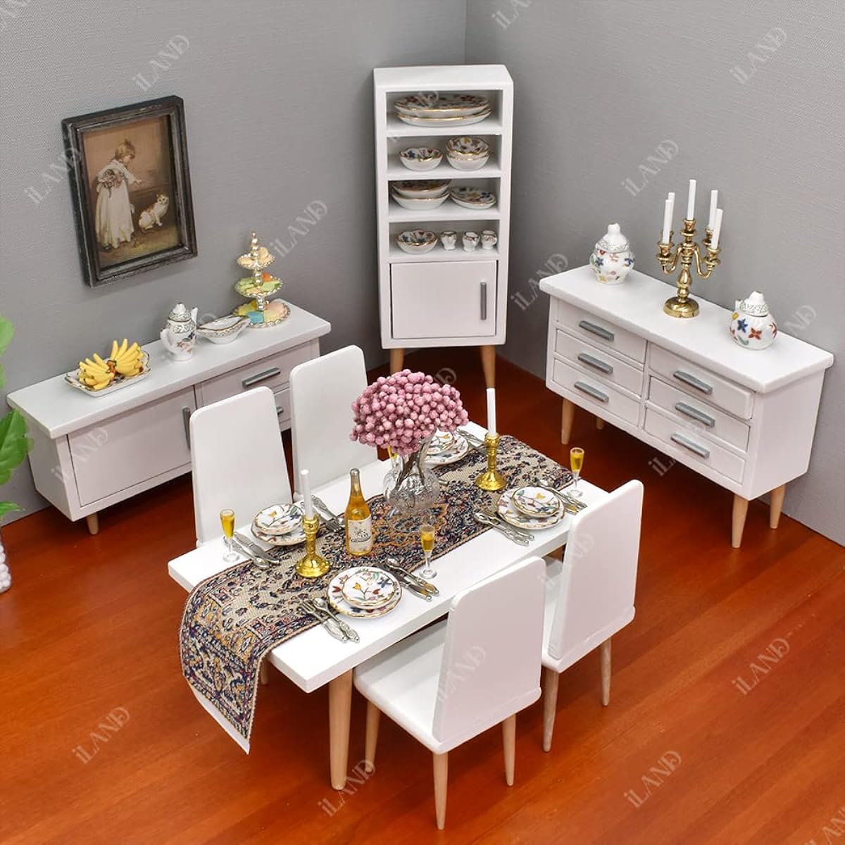 EiLAND Dollhouse Furniture Dining Table Chair Cabinet Miniature Dollhouse Dining Room (Modern)