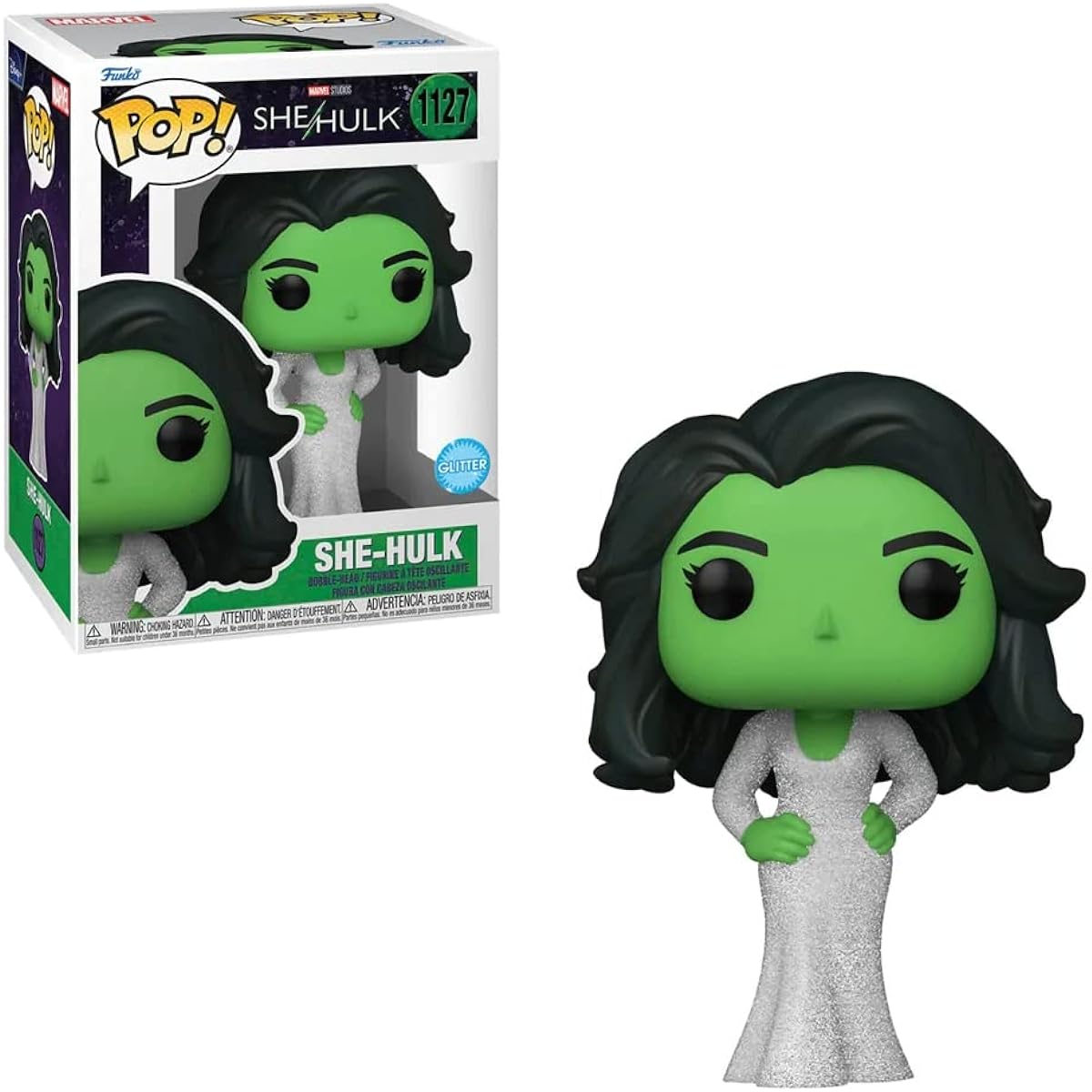 POP Marvel: She Hulk Attorney at Law - She Hulk in Gala Dress Glitter Funko Vinyl Figure (with compatible box protector case), Multicolor, 9.5 cm