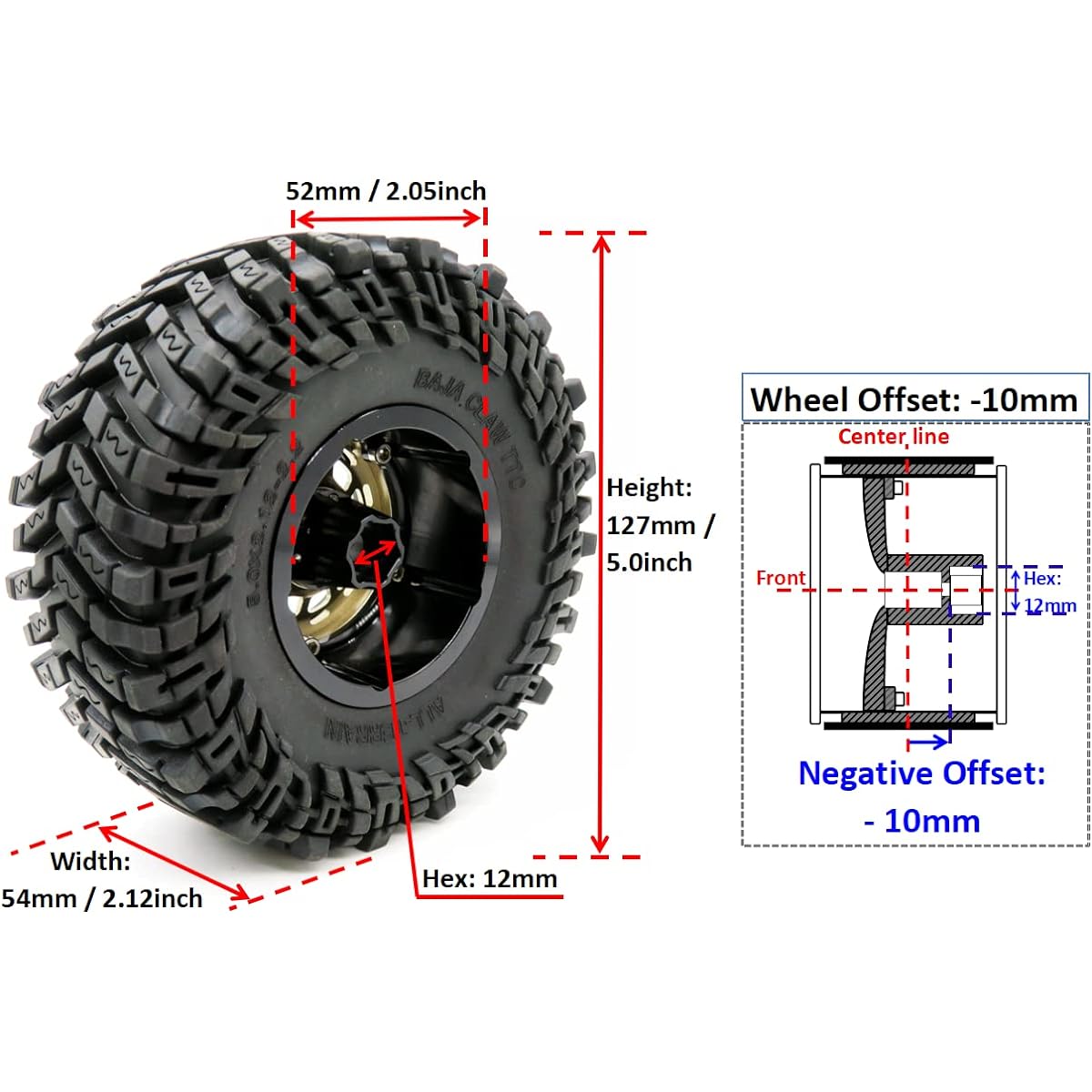HOBBYSOUL RC Soft Comp 2.2 Mud Crawler Baja Craw Tires 127mm/5.0" & Aluminum - 10mm Minus Offset 2.2 Beadlock Wheel Rims Champagne Color for TRX4 Gen8 Capra Wraith TRX4 (Pack of 4)