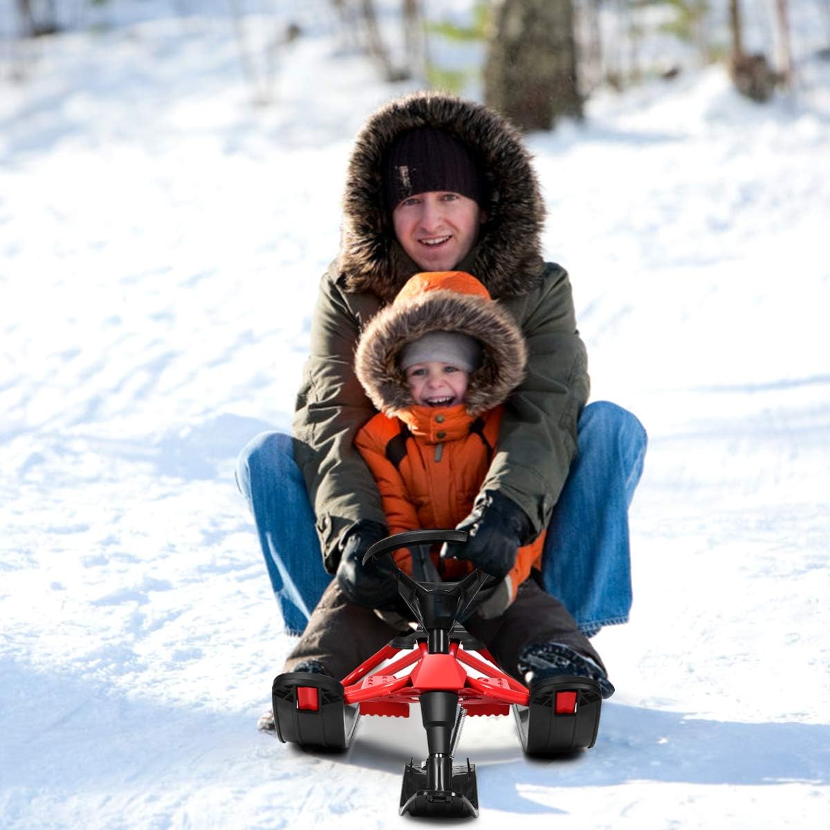Goplus Snow Racer Sled Ski Sled Slider Board with Twin Brakes Steering Wheel Retractable Pull Rope for Ages 4+ 2 Kids/Teenagers/1 Adult (44'')