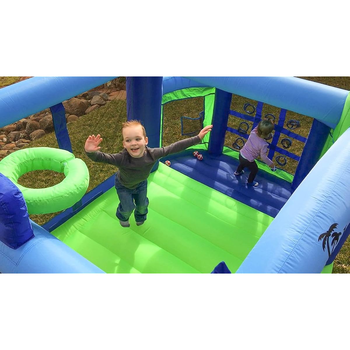 Island Hopper Game Room with Shade Canopy - Recreational Kids Bounce House with Padded Floor Side Room, Basketball, Target Throw, Tic-Tac-Toe