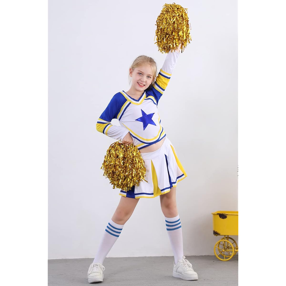 Cheerleader Costume for Girls Cheerleading Uniform Dress Outfit with Stockings and 2 Pompoms
