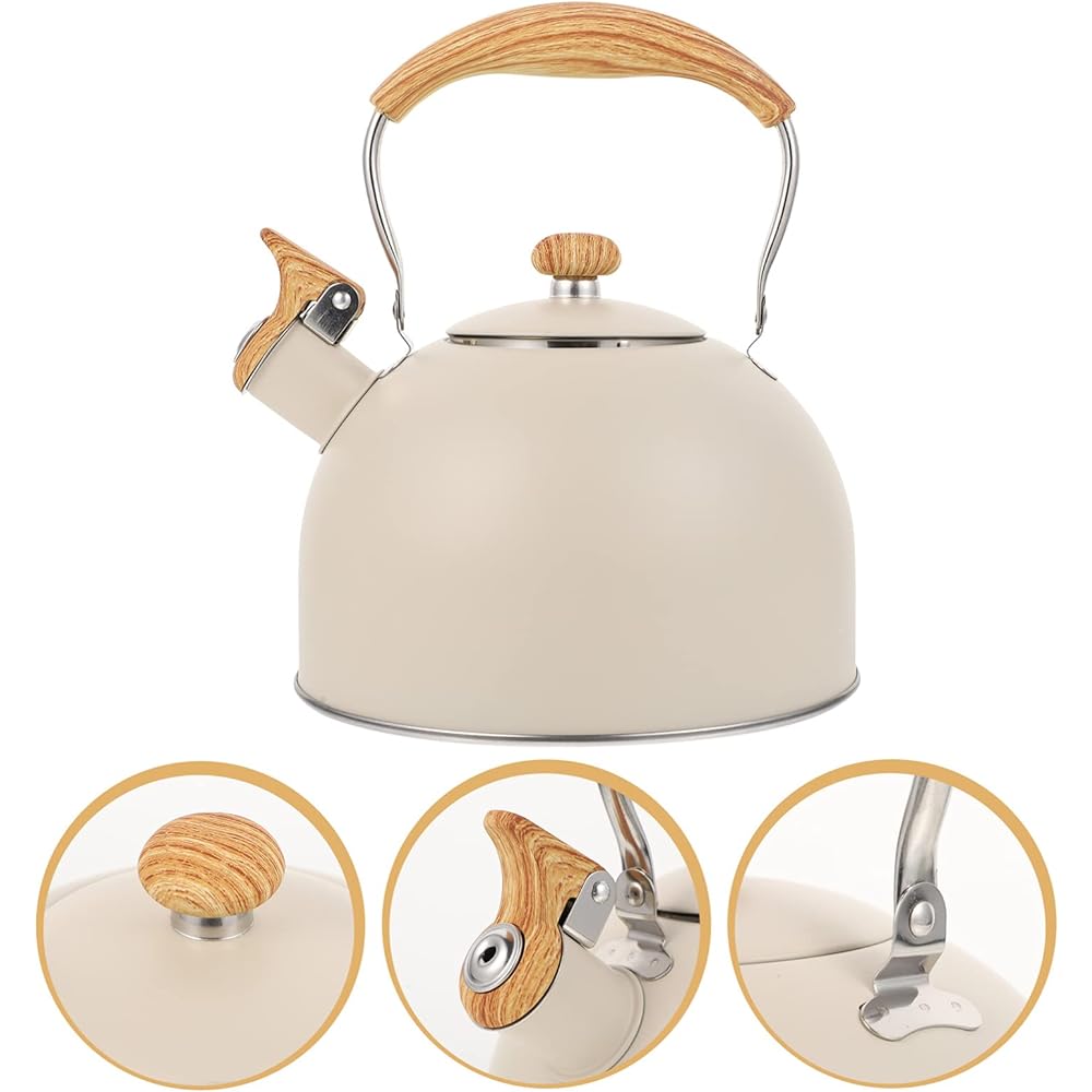 OUNONA Kettle, Whistling Kettle, 2.5L, Kettle, Large Capacity, IH Compatible, Stylish, Wood Grain Handle, Stainless Steel, Scandinavian Style, Wide Mouth, Family Use, Gas Stove, Cute Cooking Utensil, Beige