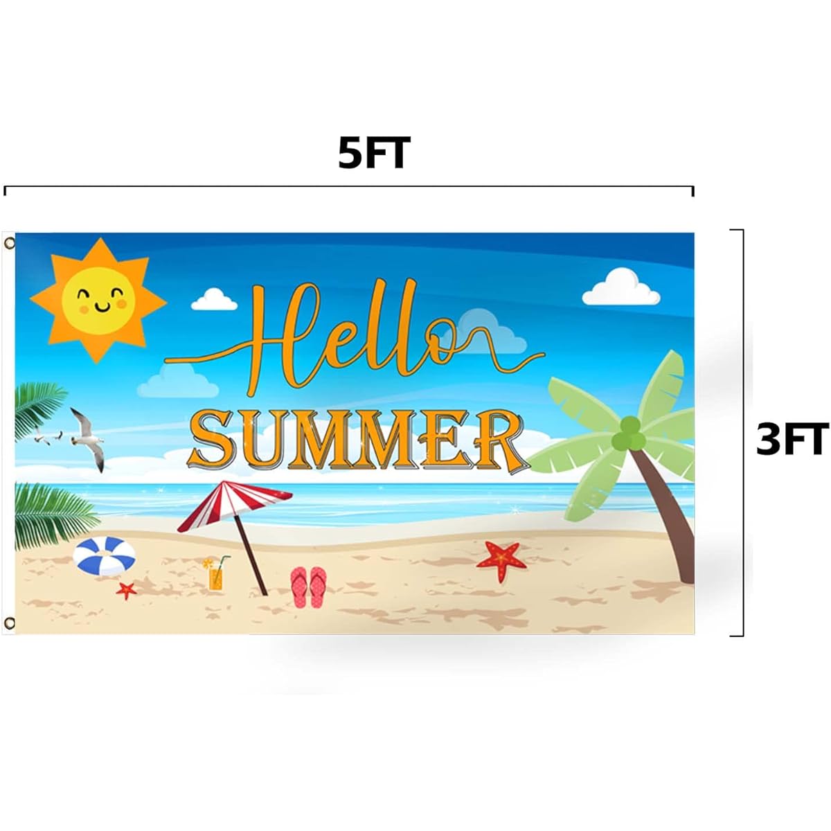 Hello Summer Flag 3x5ft Hello Sunshine Beach Decor Banner Flag Holiday Party Canvas Header Polyester Outdoor Decor with Brass Grommets