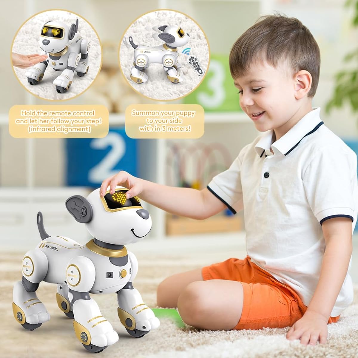 VATOS Remote Control Robot Dog Toy for Kids Interactive Touch & Follow 17 Functions Robot Dog Pet Programmable Smart Walking Puppy Intelligent Dancing Dog Robot Toy for Girls 3-12 Gift (Gold)