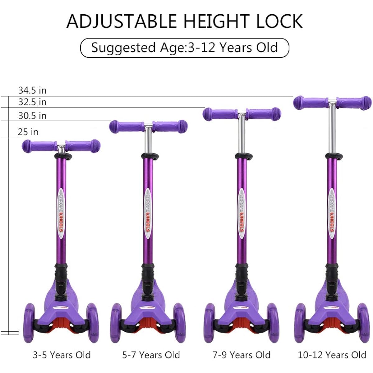ChromeWheels Kids Scooter - Deluxe Kick Scooter, Foldable, Height Adjustable, 150 lbs Weight Limit, 3 Wheels, Tilt Handle, LED Light Up Wheels, Girls Boys, Ages 3 to 12