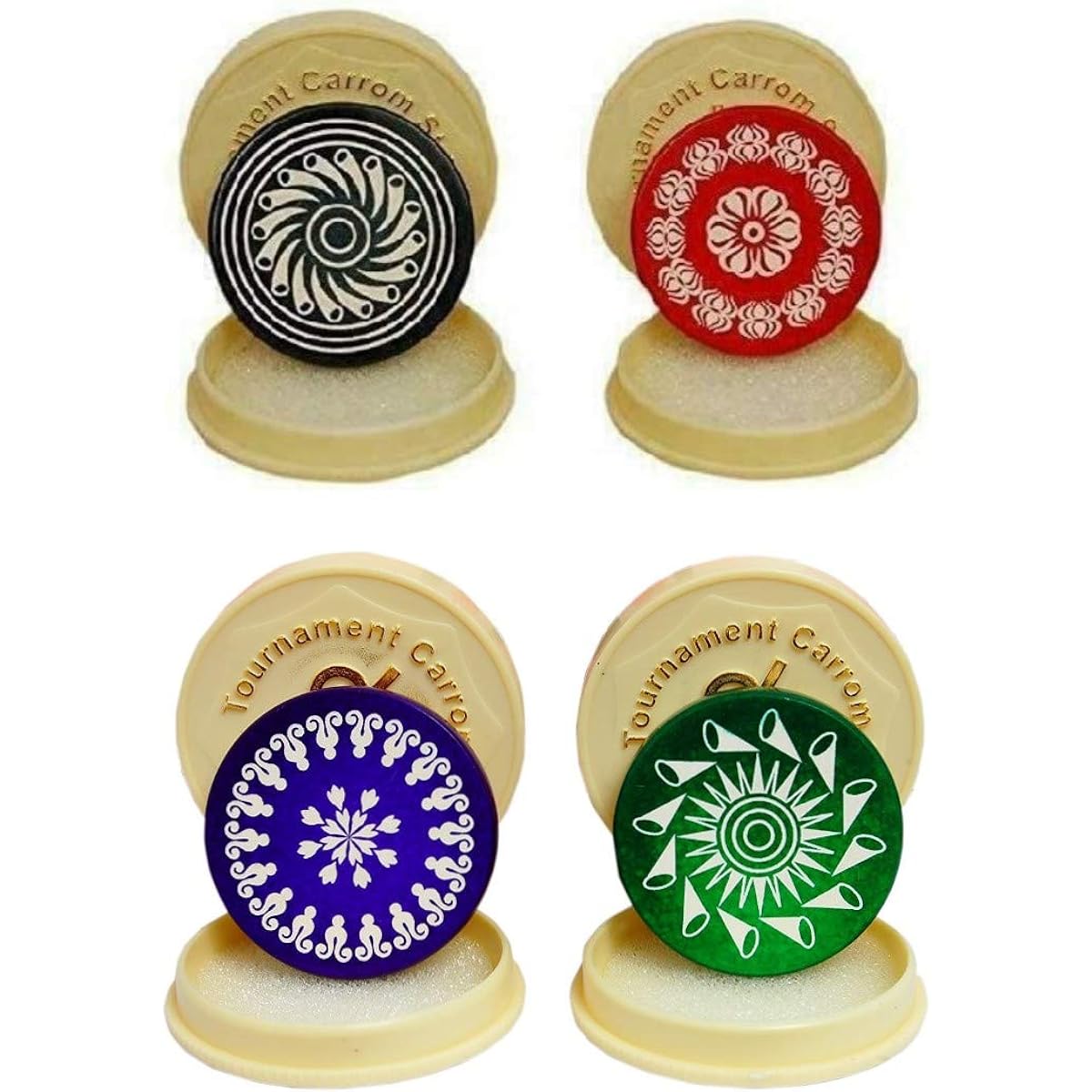 Carrom Board Wooden Coins Tournament Striker Professional Set (24 Carrom Board Pieces + 4 Striker Random Designs with Case) - White/Red/Black