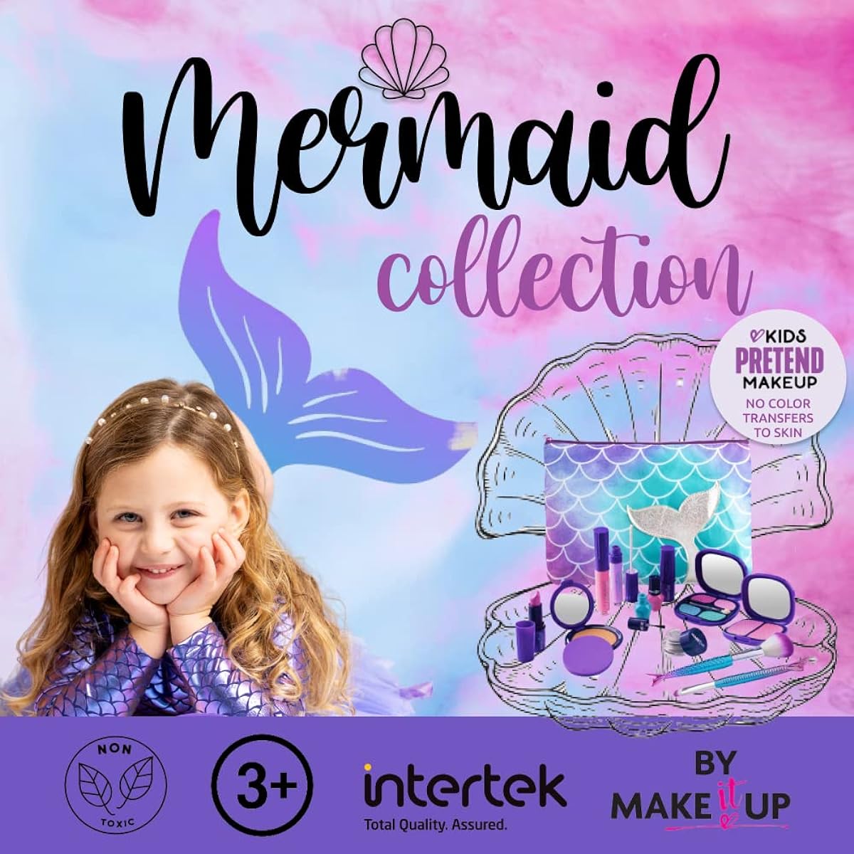 Makeup - Mermaid Collection Kit for Young Girls (with Zipper Bag) - Realistic Pretend Makeup, Eyeshadow, Glitter, Lip Gloss and More - Easy to Wash, Non-Toxic - Safety Tested - Blue
