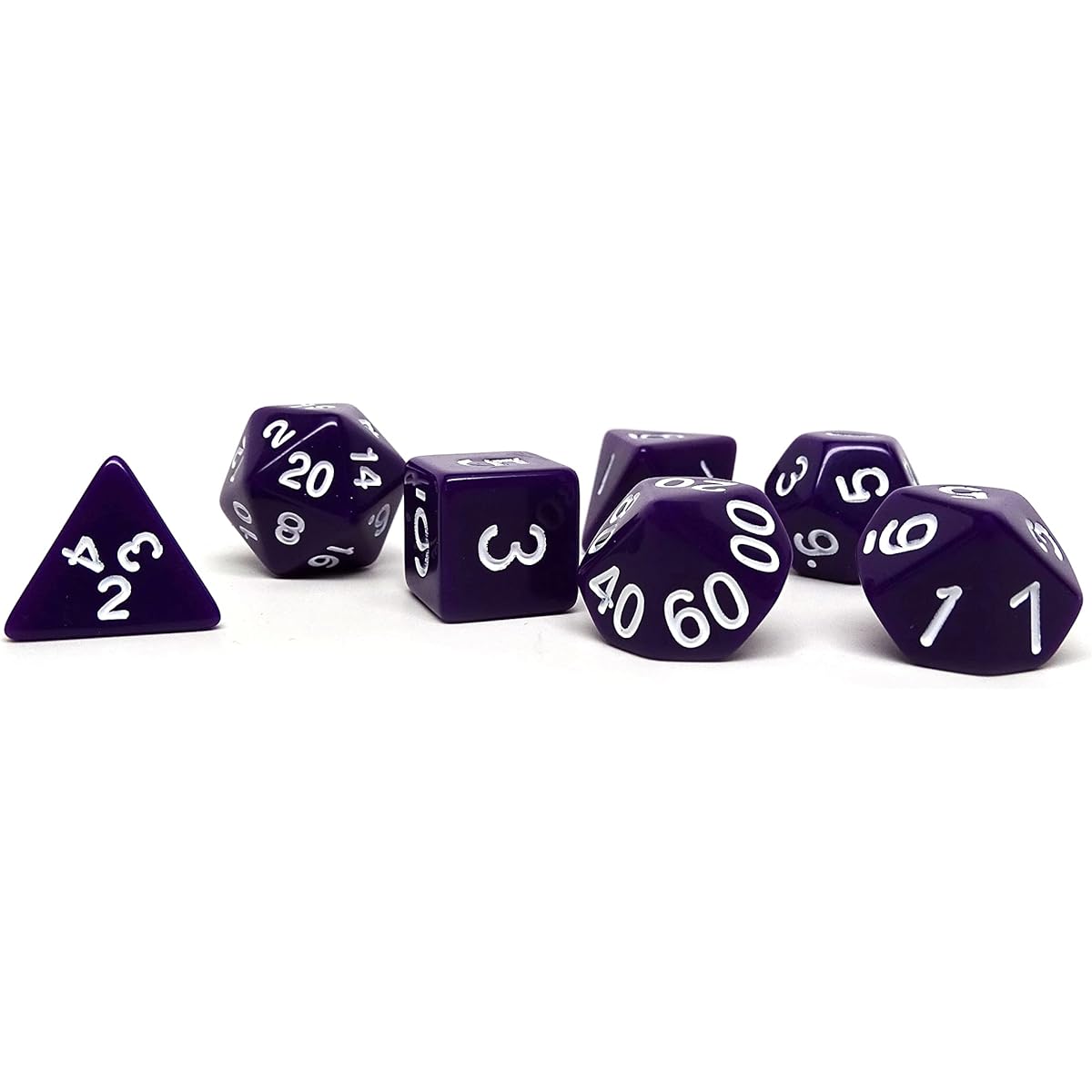 Opaque Polyhedral Dice Set – 7 Piece Dice Set D20 D12 D10 D8 D6 D4 D00 (Purple and White Font)