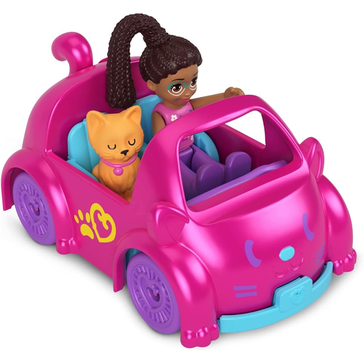 Polly Pocket Collectible Micro Mini Metal Vehicle Poseable Doll and Pet Set - Shani Doll Hot Pink Kitty Themed Convertible Car and Orange Cat Sidekick Playset