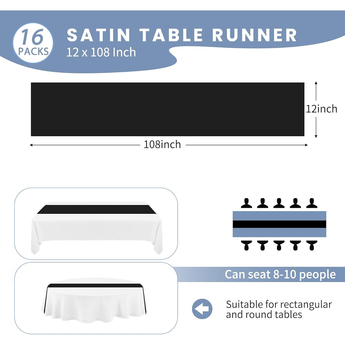 Table Runners 16 Pack 12 x 108 Inch Satin Table Runners Long Satin Silk Table Runners for Weddings Black Table Runners Table Decorations for Parties and Banquet Events