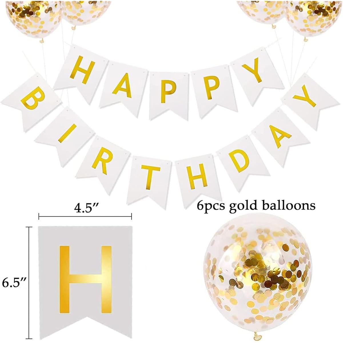 White Happy Birthday Banner White Happy Birthday Banner Banner Sign with 6 Gold Confetti Balloons Birthday Party Banner Supplies Decorations